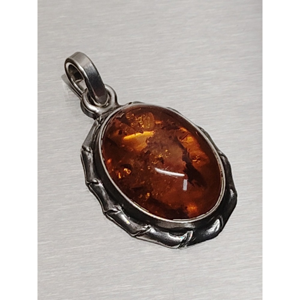 Vintage .925 Sterling Silver Oval Amber Pendant